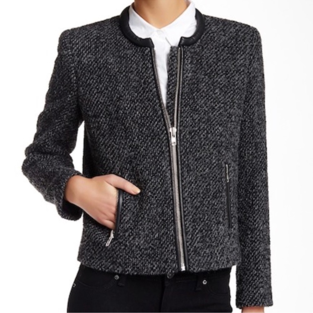 The Kooples Wool Mohair Alpaca Leather Trim Boucle Zip Jacket Blazer Size 2